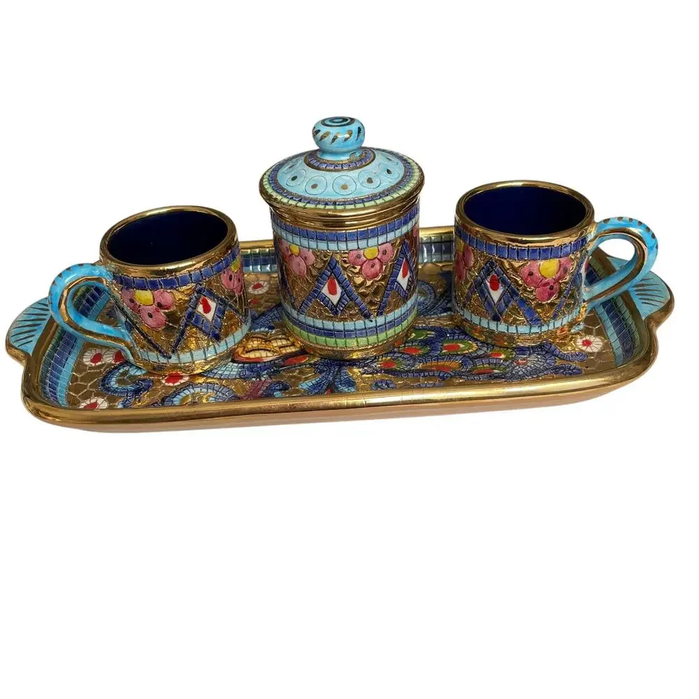 Italian Mosaic Espresso Set Byzantine Peacock Catania 24K Accent Tray Cup Sugar